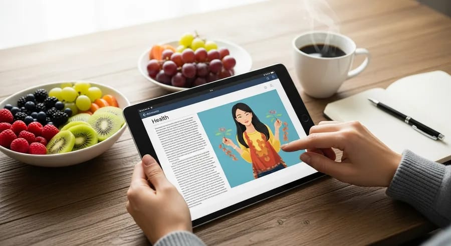 Tablet met gezondheidsartikel naast ontbijt