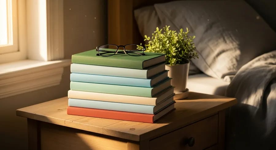 Stapel wellness boeken op nachtkastje