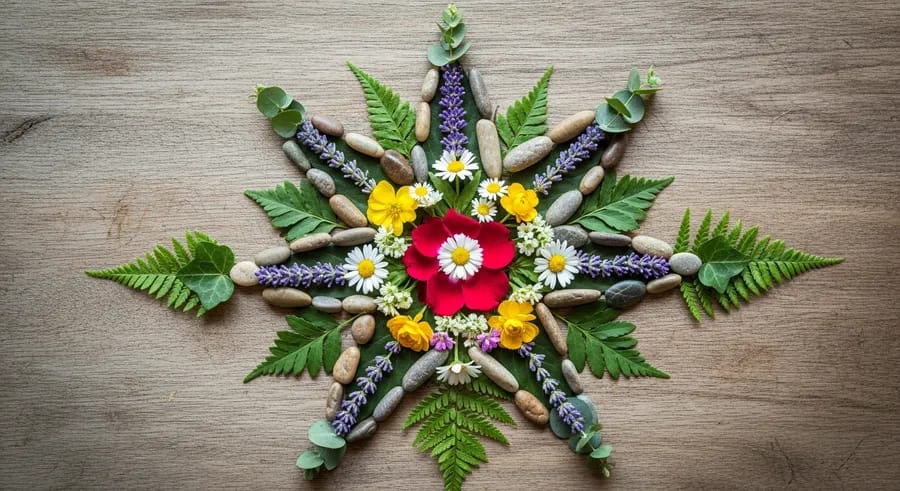 Negenpuntige ster van natuurlijke elementen op hout