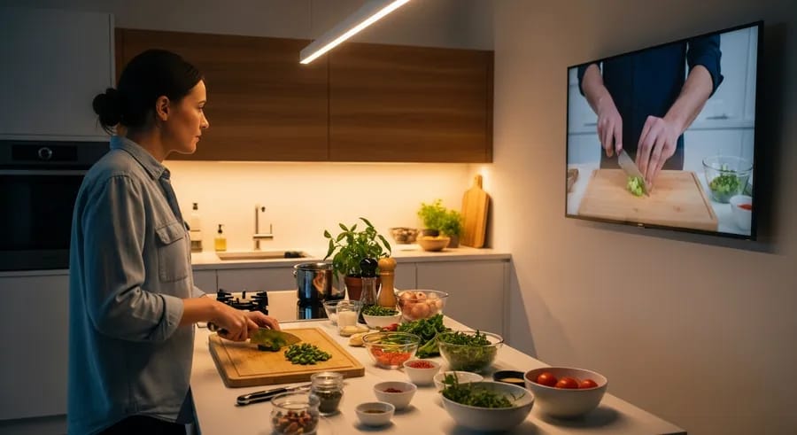 Persoon kijkt kookvideo terwijl ingrediënten worden klaargemaakt